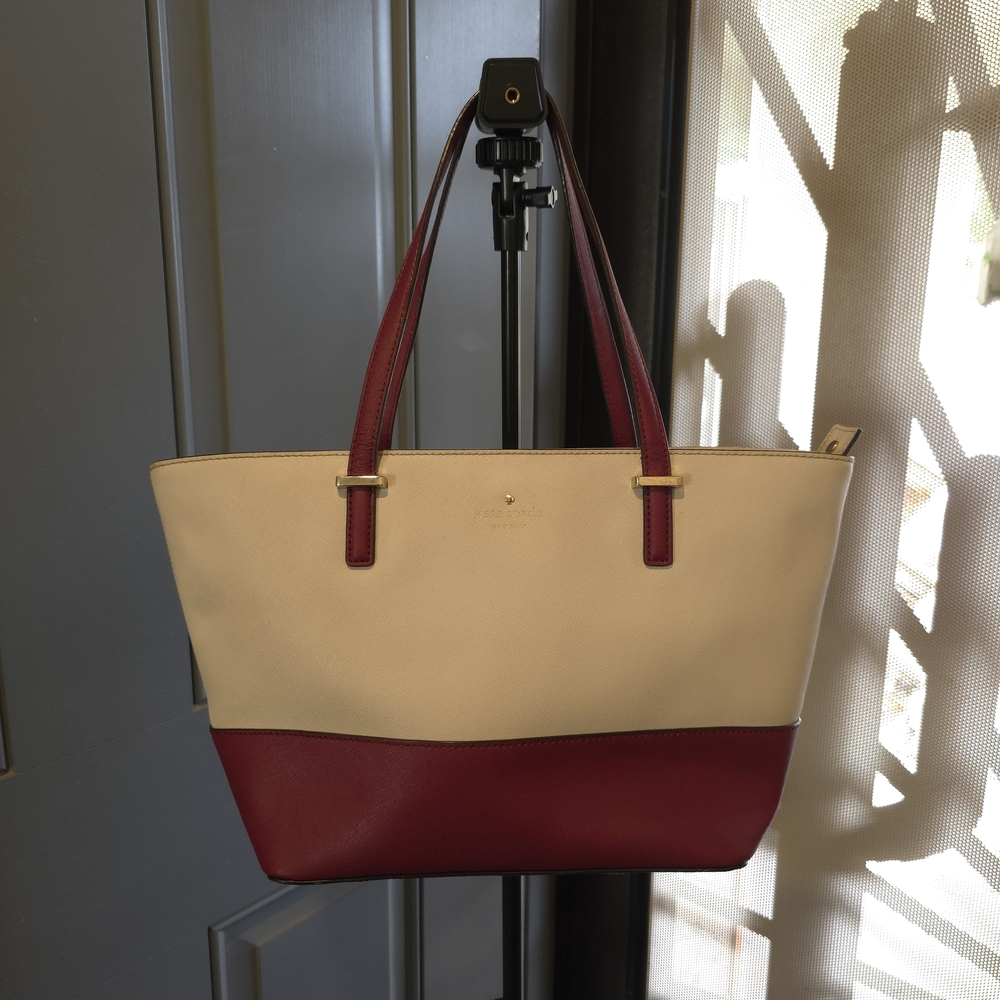 Kate Spade Cedar Street Harmony tote bag color block of cream/beige and red